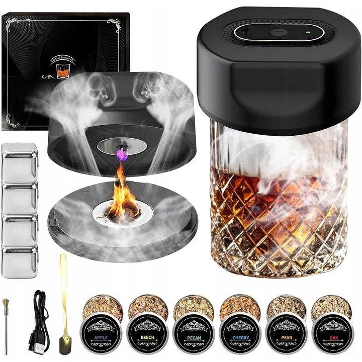 Set de afumat whisky cu bricheta, pentru barbati, transparent/negru