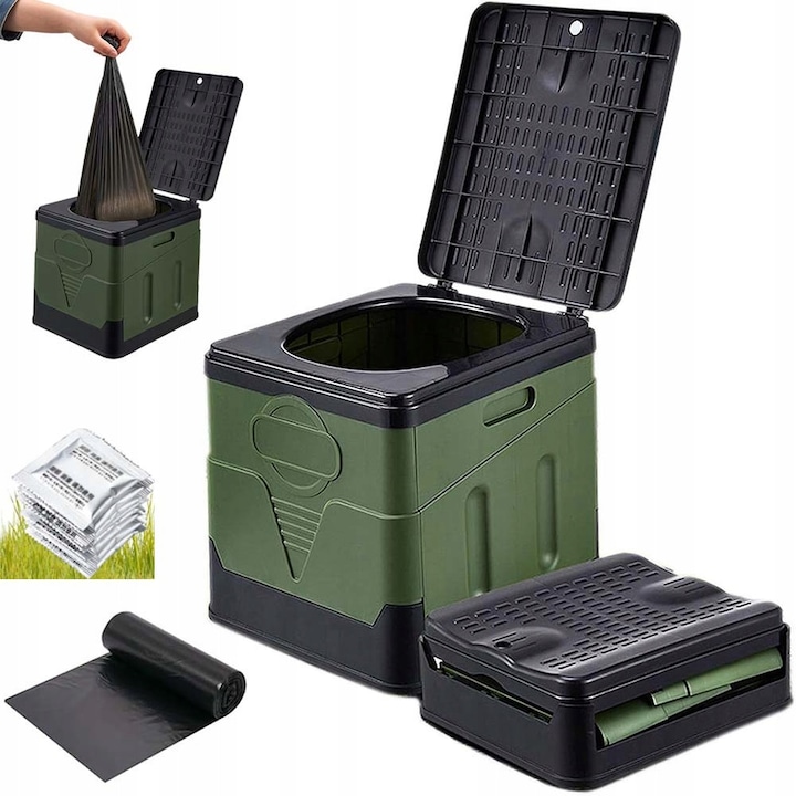 Toaleta portabila camping, prietenoasa cu mediul, neagra si verde, dimensiuni 29x30x33,5cm, set cu 12 saci de gunoi si 12 pachete de intaritor