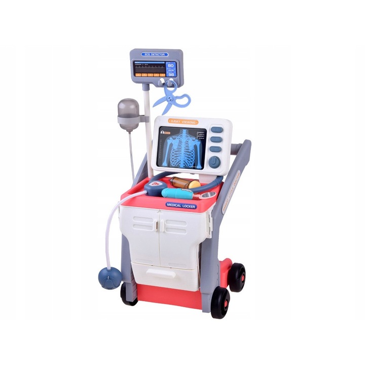 Set joaca doctor, Jokomisiada, carucior medical roz, 12 accesorii, 57x23cm
