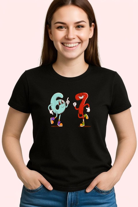 Tricou Dama SIX SEVEN 67 Personaje 6 si 7 Cartoon Duo, Negru