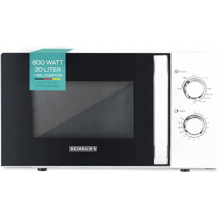 Cuptor cu microunde Heinrichs HMW 8846, 20L, 800W, alb, functie grill, 35,3x45,6x26,4cm