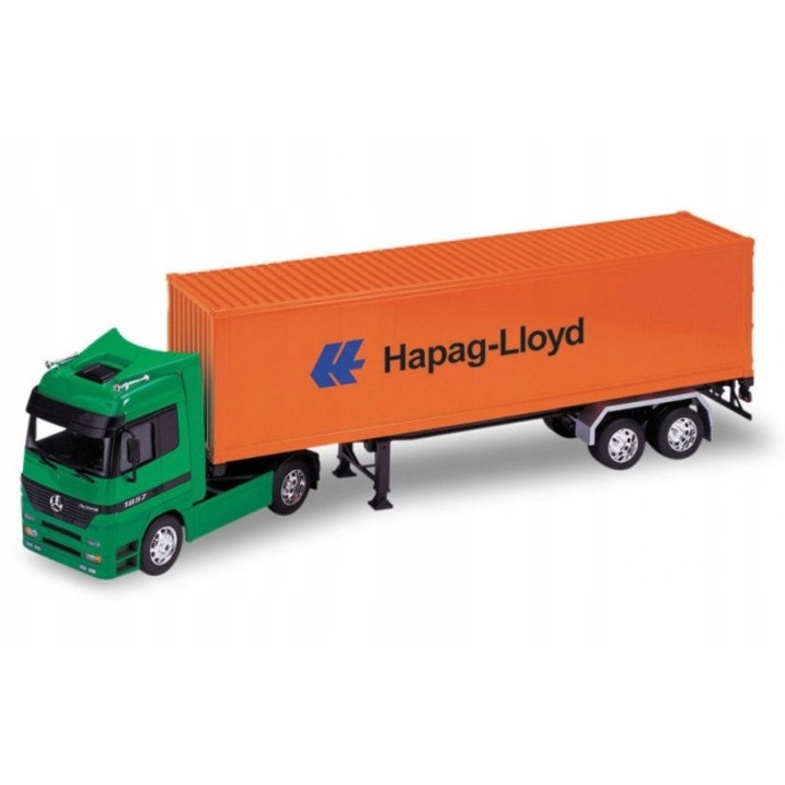 Teherautó pótkocsival, Welly, Mercedes Actros modell 1:32, zöld, méretei 48x9,5x12,5cm, eredeti csomagolásban