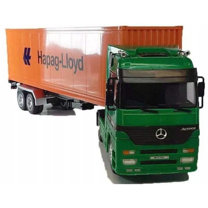 Teherautó pótkocsival, Welly, Mercedes Actros modell 1:32, zöld, méretei 48x9,5x12,5cm, eredeti csomagolásban