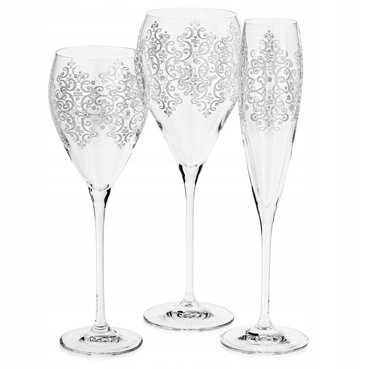 Set pahare Floral Luxe 12 buc, 4 pahare sampanie 170ml, 4 pahare vin alb 280ml, 4 pahare vin rosu 480ml, transparent