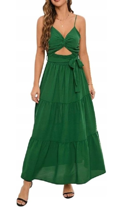 Макси рокля, зелена, полиестер, без ръкави, V-образно деколте, M INTL