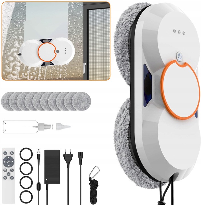 Робот за почистване на прозорци, 5600 Pa, 3 режима на почистване, комплект с 10 кърпи, бял