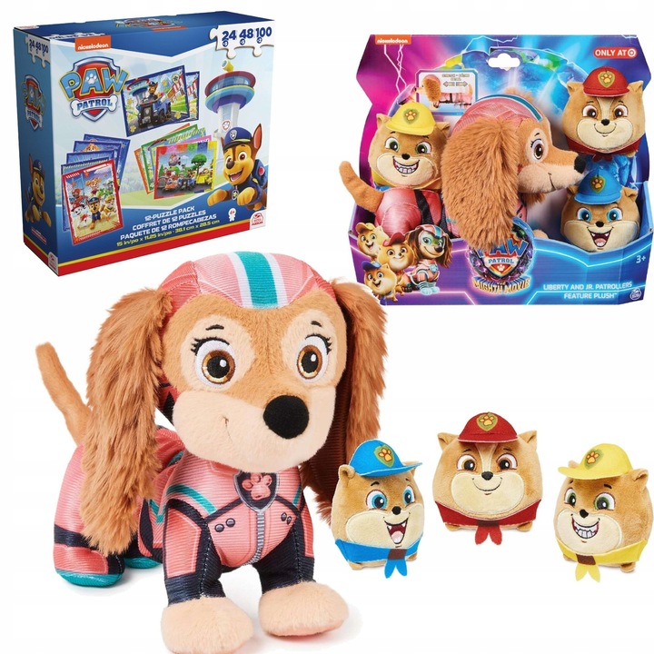 Set jucarii de plus Psi Patrol, mascota Liberty 20 cm si 12 puzzle-uri, multicolor
