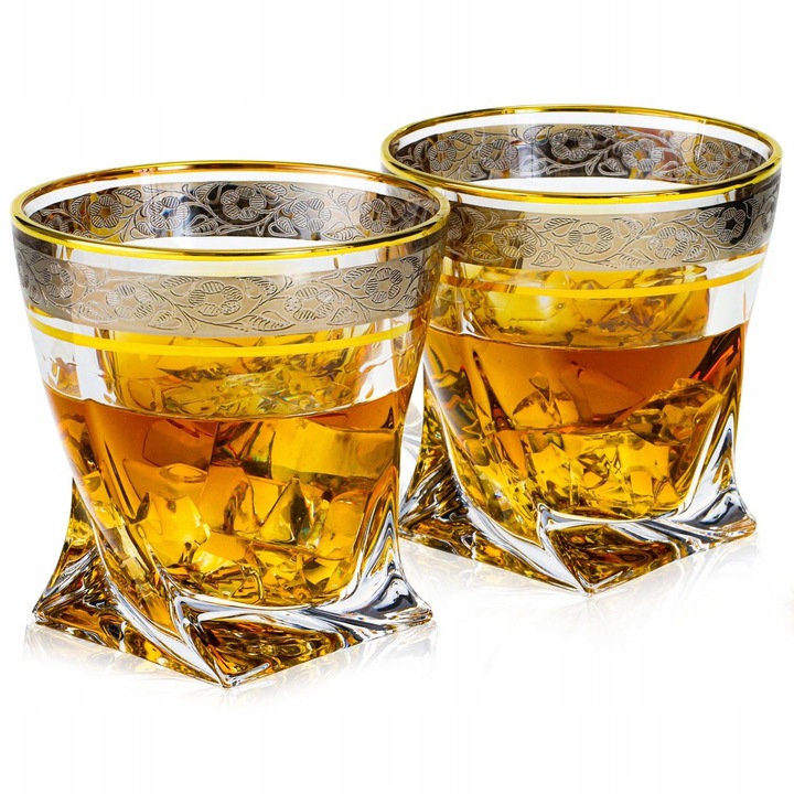 Set pahare whisky din sticla cristalina, 340ml, fara culoare, 2 bucati, cu decoratiuni aur si platina