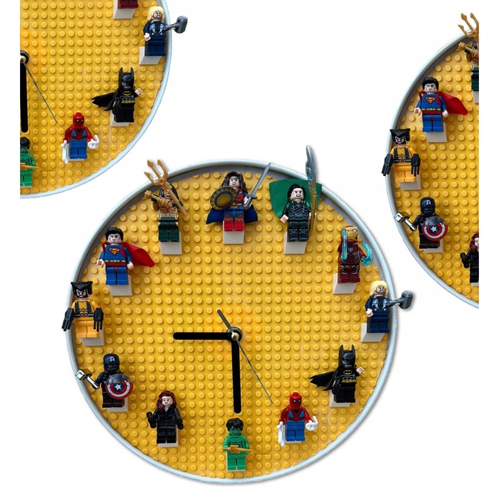 K&M dekoratív óra, 26 cm, fehér-sárga, 12 szuperhős figurával, DIY összeszerelés