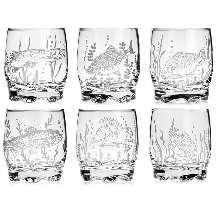 Комплект чаши за уиски 250 мл, прозрачни, 6 броя, с риболовни мотиви
