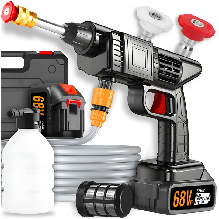 Pistol spalat cu presiune actionata de acumulator, set pentru curatarea feronerie, 2 baterii, 3 duze, 5m furtun, 800W, 38 bar