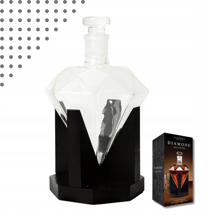 Sticla pentru whisky, 750 ml, design diamant, cu suport din lemn de stejar rosu, set cadou