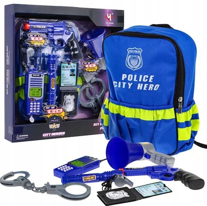 Set politist pentru Copii, 10 Elemente, Accesorii Interactive, Dimensiune Rucsac 31x24cm, Culoare Albastra