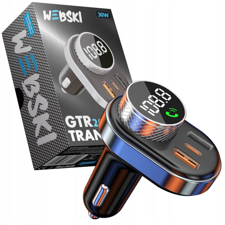 Автомобилен трансмитер Webski GTR-200, 30W, Bluetooth 5.0, USB и USB-C портове, 12-24V
