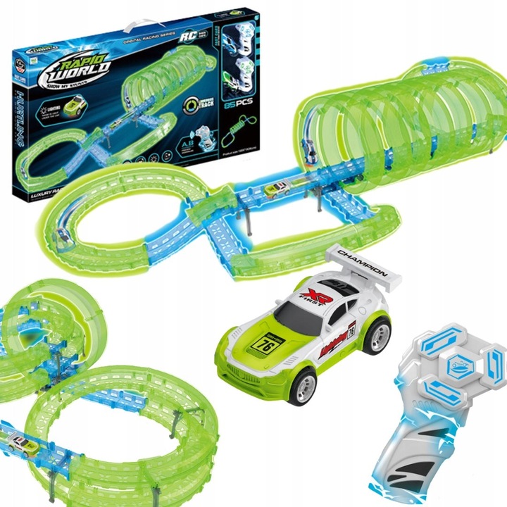 Set circuit auto electric ProNice, 85 piese, 2 masini cu telecomanda, efecte luminoase, multicolor