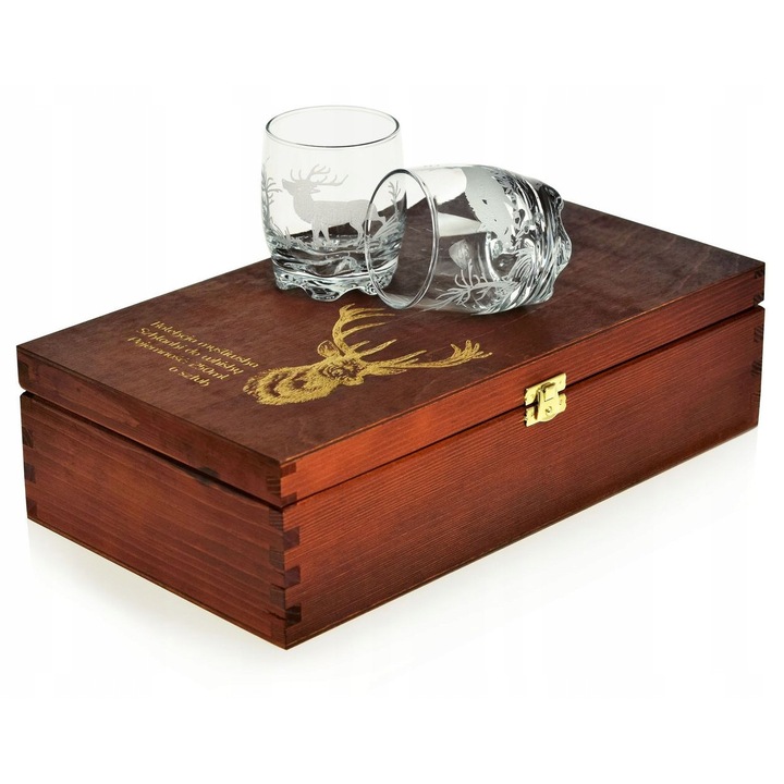 Set pahare whisky 250ml, grawerate, 6 bucati, cutie din lemn, fara culoare