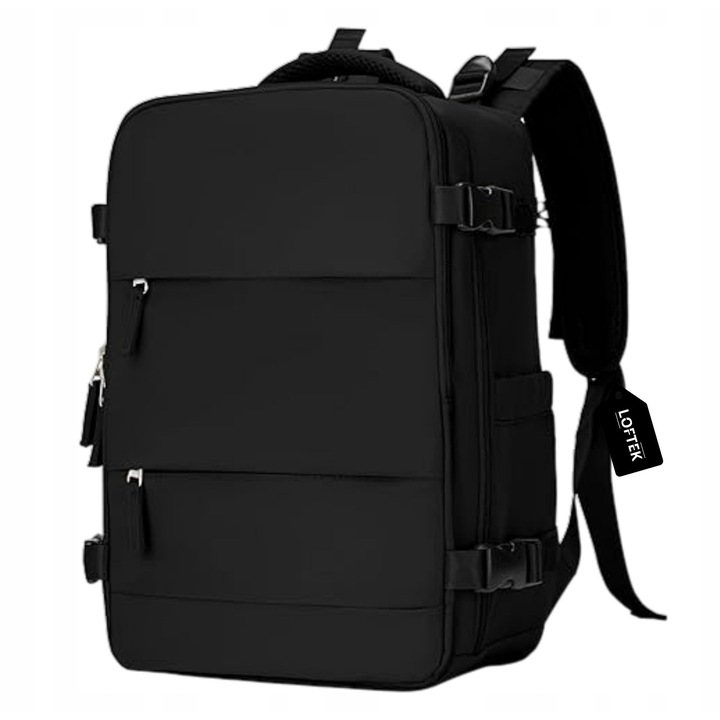 Пътна раница Loftek, размери 42x32x20см, водоустойчива, черна, с USB порт, за ръчен багаж