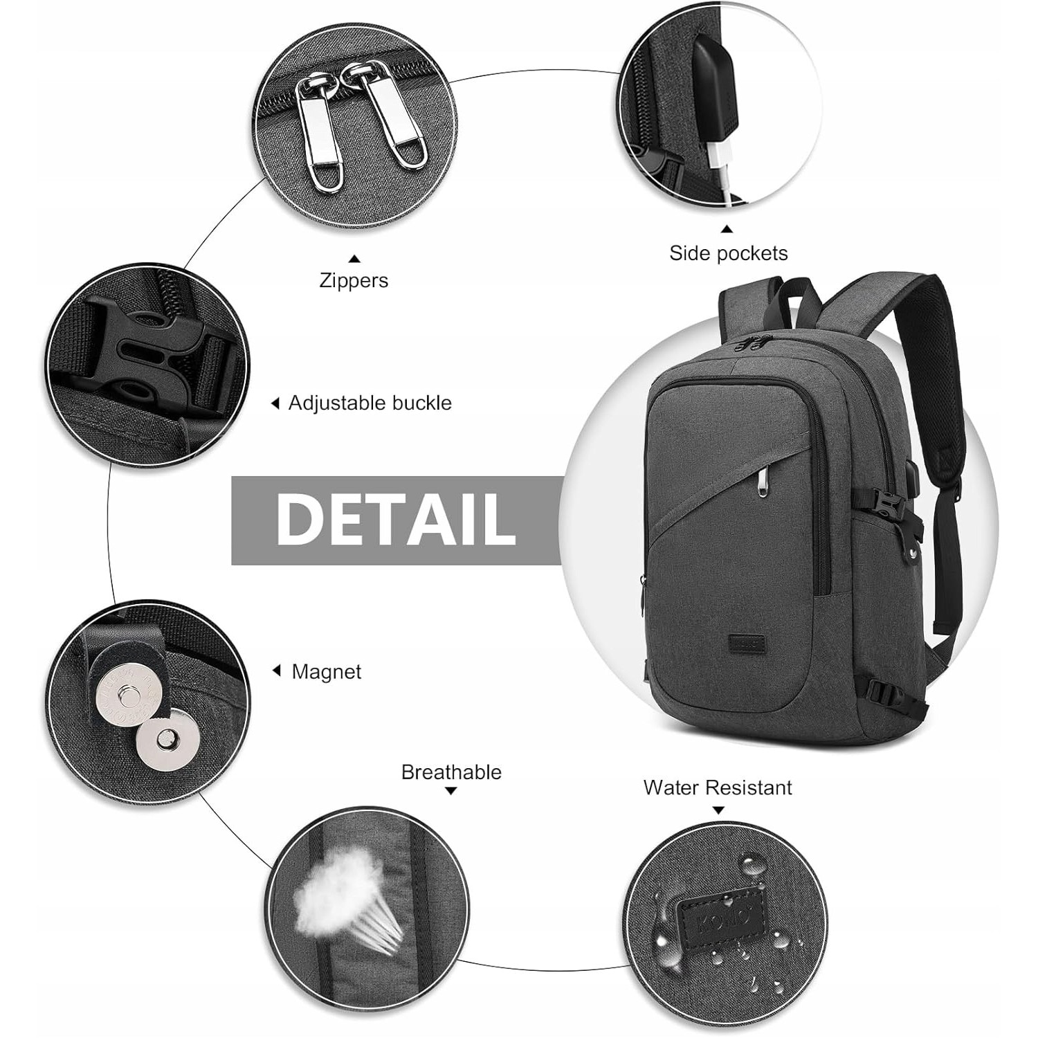Rucsac laptop Kono 15.6", waterproof, cu port USB, gri, 50x14x30cm
