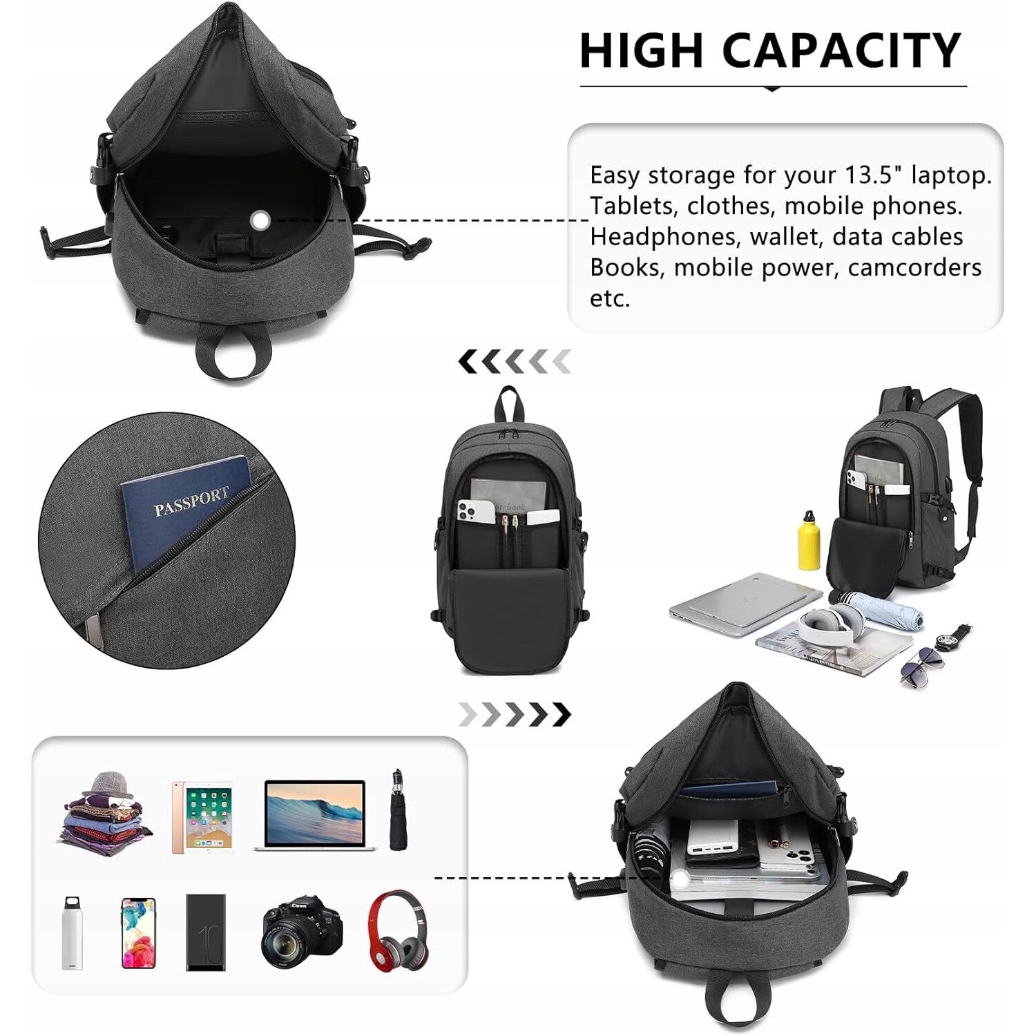 Rucsac laptop Kono 15.6", waterproof, cu port USB, gri, 50x14x30cm