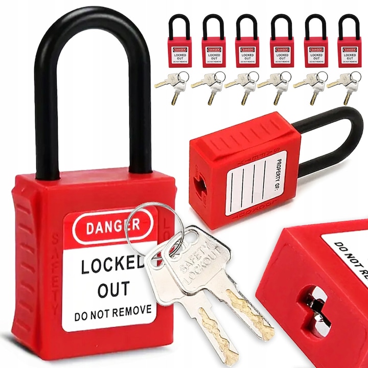 Комплект от 6 катинара за безопасност LOTO 38 мм, червени, 12 ключа