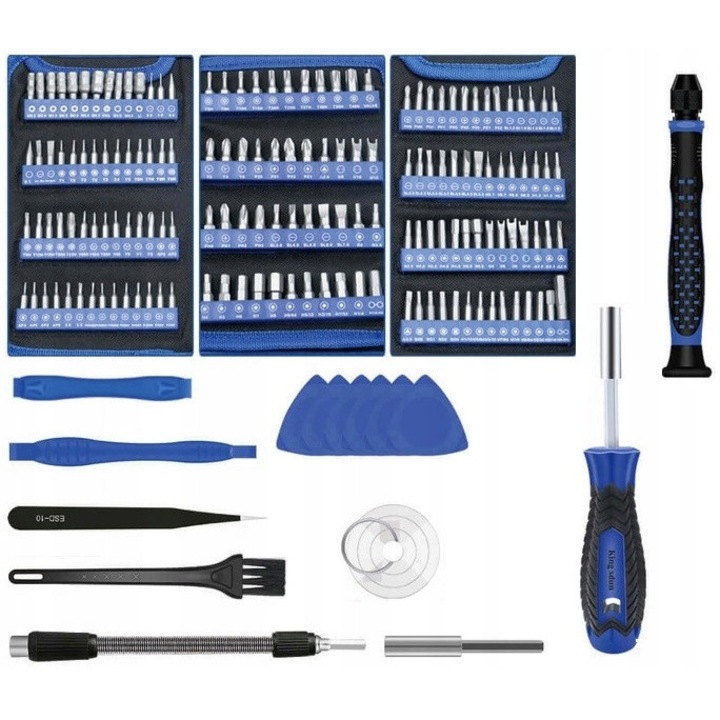 Set de unelte 170 in 1, surubelnite, accesorii pentru telefoane, tablete, GPS, 156 biti, 2 manere antiderapante, etui textil