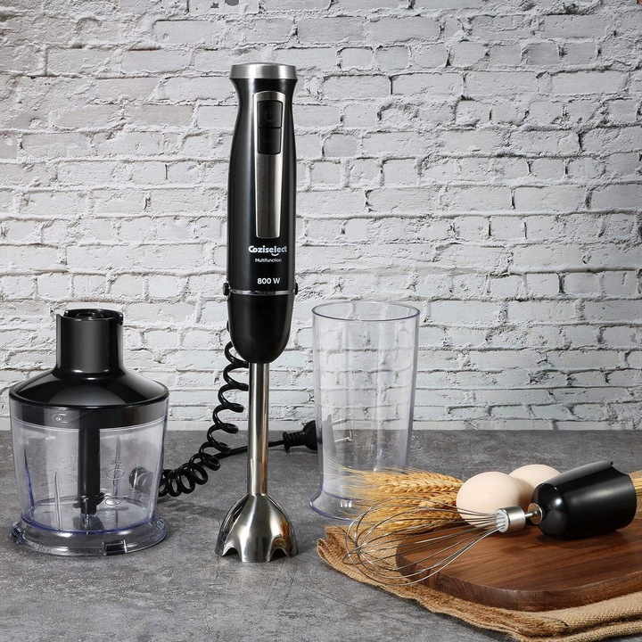 Blender manual multifunctional Coziselect, 800 W, 600 ml, negru, 8x8x40 cm, set cu tocator 500 ml