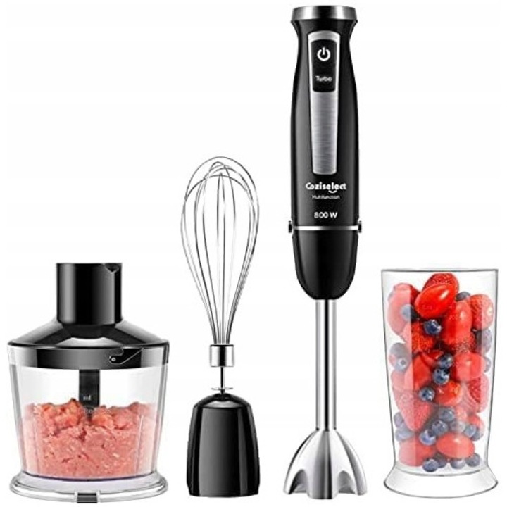 Blender manual multifunctional Coziselect, 800 W, 600 ml, negru, 8x8x40 cm, set cu tocator 500 ml