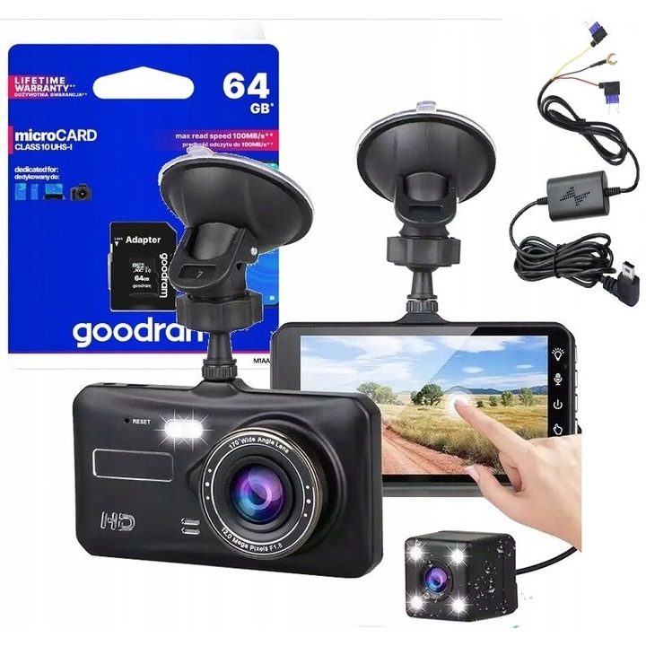 Set retea de camere auto, rejestrator cu ecran tactil 4", camera de marsarier, card de memorie 64GB, alimentare pentru modul de parcare