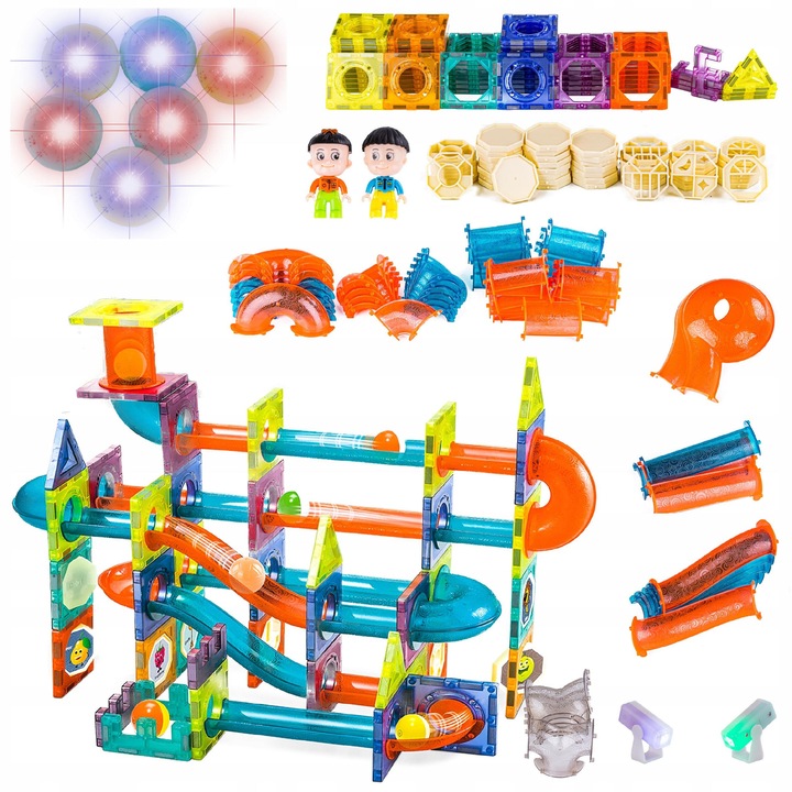 Set de constructie DK, klocki magnetice, 202 elemente, culori variate, cu bile luminoase