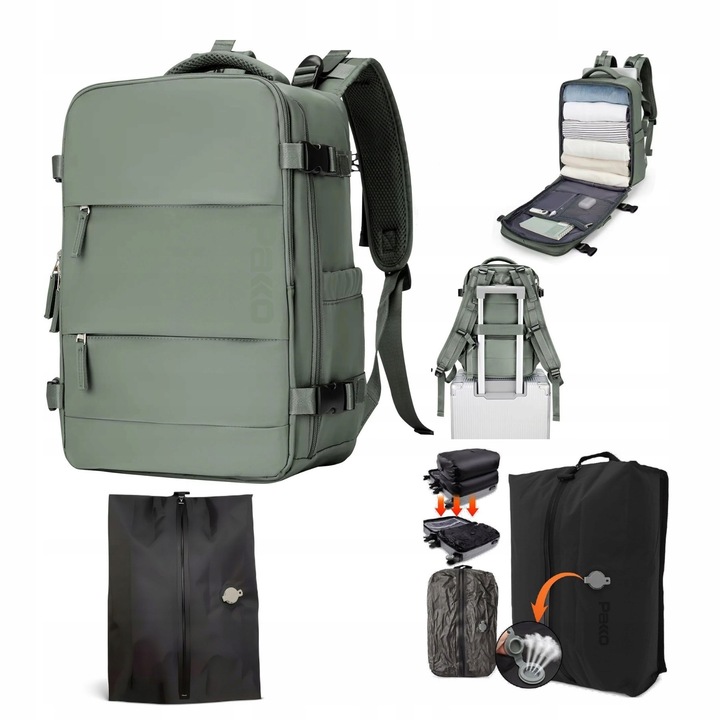 Rucsac, Bagaj de Mana 40x20x25cm si Sac Vacuum Compresiv, Waterproof, Verde, Negru