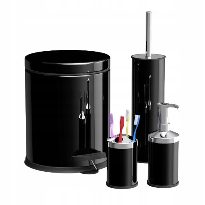 Set accesorii baie 4 elemente, negru, cos gunoi 3L, perie WC cu suport, dozator sapun, recipient periute de dinti
