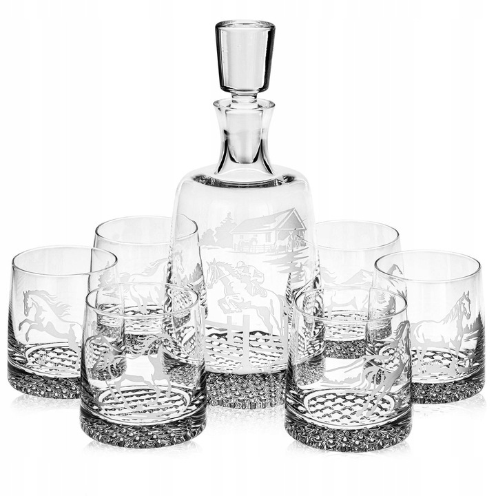 Set de whisky "KONIE" 6 sticle 300ml + carafa 950ml, sticla Crystalline, detalii gravate, multicolor