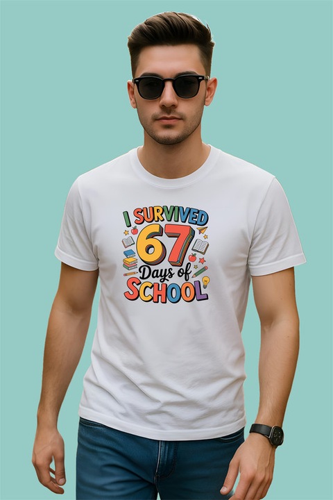 Tricou Barbat SIX SEVEN 67 Am Supravietuit Scolii Vesel 2, Alb