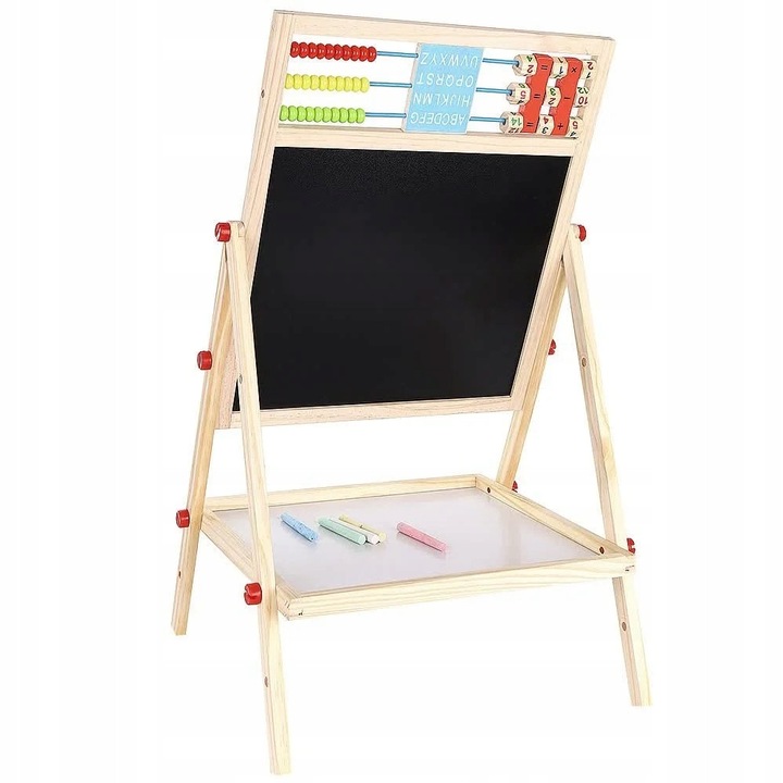 Tabla educativa, fata dubla, neagra si alba, cu 5 crete colorate, marker cu stergator, 32x41x67cm, pentru copii de la 3 ani