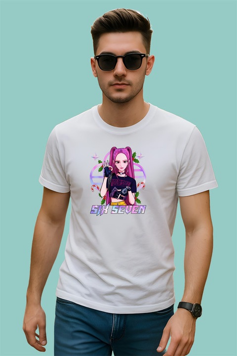 Tricou Barbat SIX SEVEN 67 Anime Girl Gamer Style Huntrix KPOP, Alb