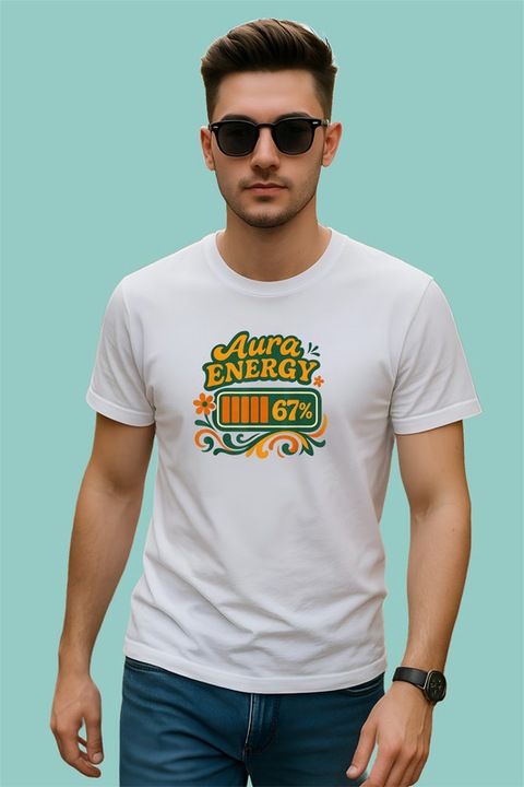 Tricou Barbat SIX SEVEN 67 Aura Energie Stil Retro, Alb