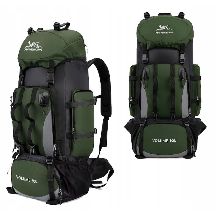 Rucsac tactic K&M 90L, verde khaki, 80x36x25cm, 5 buzunare, material poliester 600D