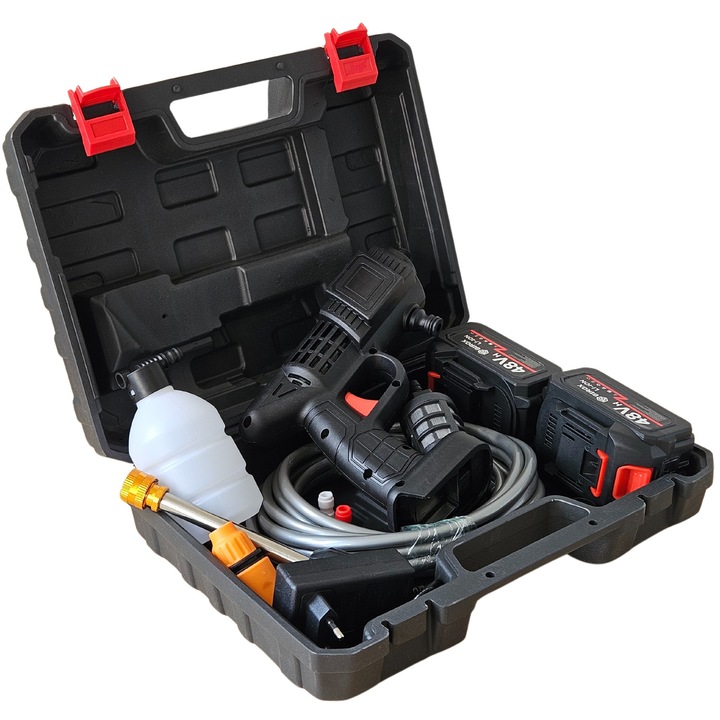 Pompa de apa fara fir pentru spalarea masinii, 10000mAh, 1500W, neagra, set complet cu 2 baterii, furtun de 5m, 2 duze