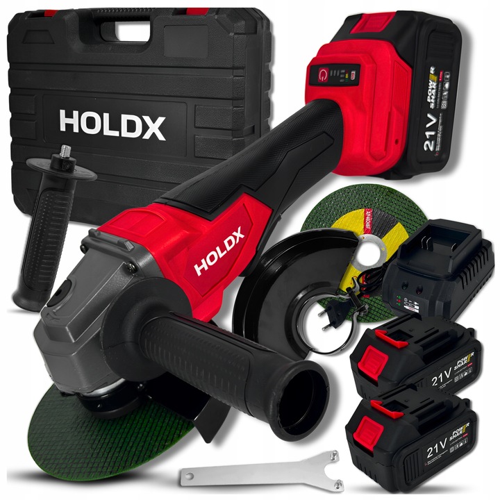 Slefuitor unghiular HOLDX 21V, 2x acumulatori 3.0Ah, negru cu accente rosii, set complet