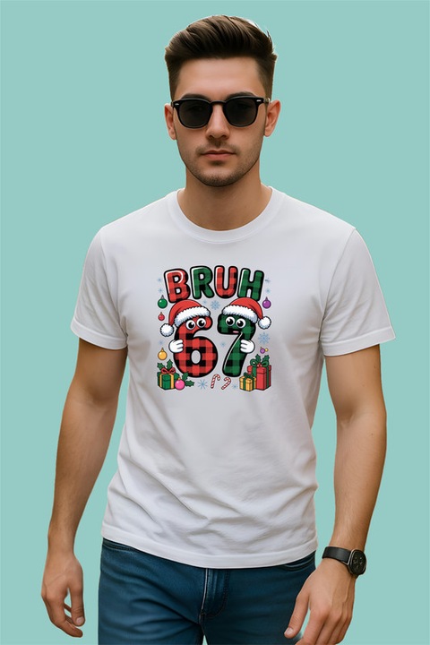 Tricou Barbat SIX SEVEN 67 Bruh Craciun Funny, Alb