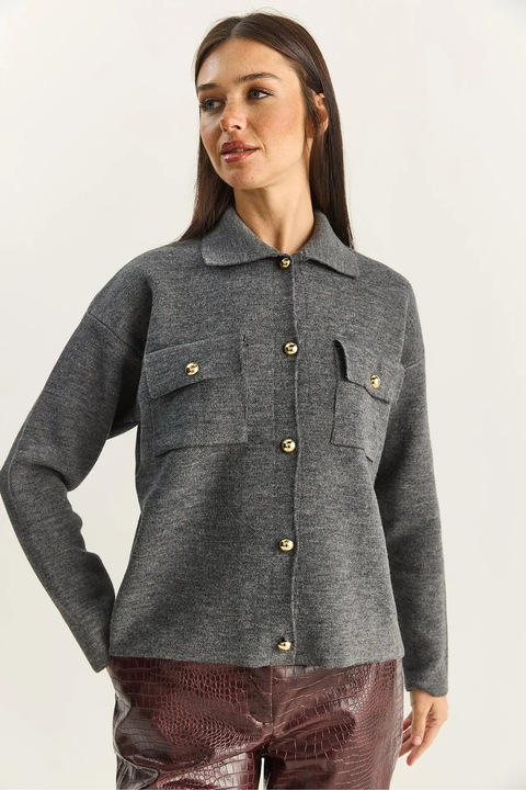 Cardigan, Bianco Lucci, guler polo, gri, tricot, One Size INTL