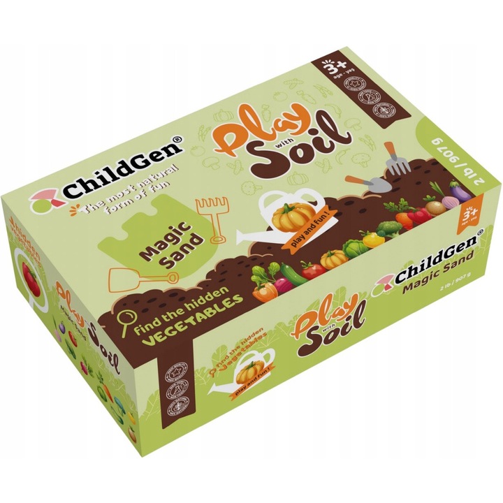 Set nisip kinetic ChildGen, 100% natural, 907g, cu 16 imagini de fructe si legume
