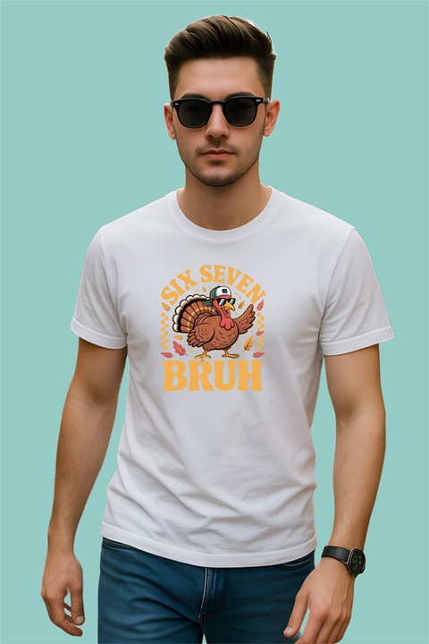 Tricou Barbat SIX SEVEN 67 Curcan Retro Bruh, Alb