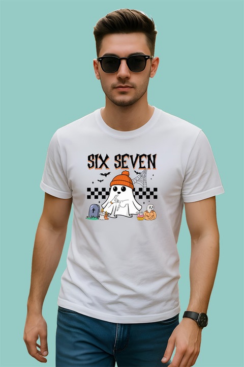 Tricou Barbat SIX SEVEN 67 Fantoma Halloween, Alb