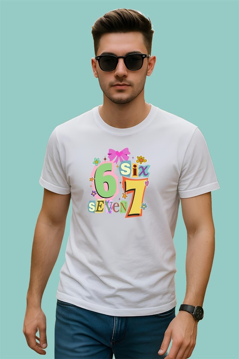 Tricou Barbat SIX SEVEN 67 Fundita Festiva Colorata, Alb