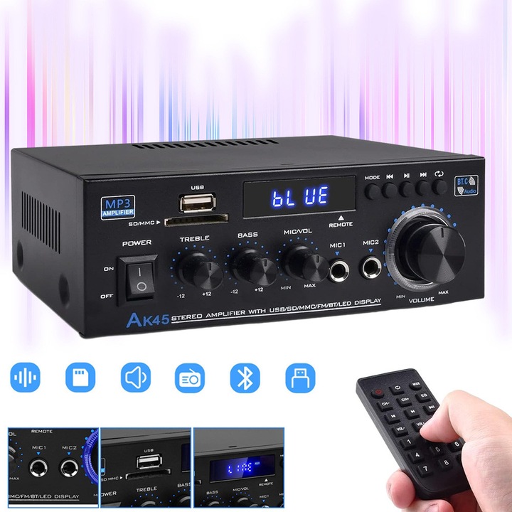 AK45 audio erősítő, 2.0 csatornás, Bluetooth 5.0, 40W+40W, fekete, méretek 180x138x70mm, komplett szett