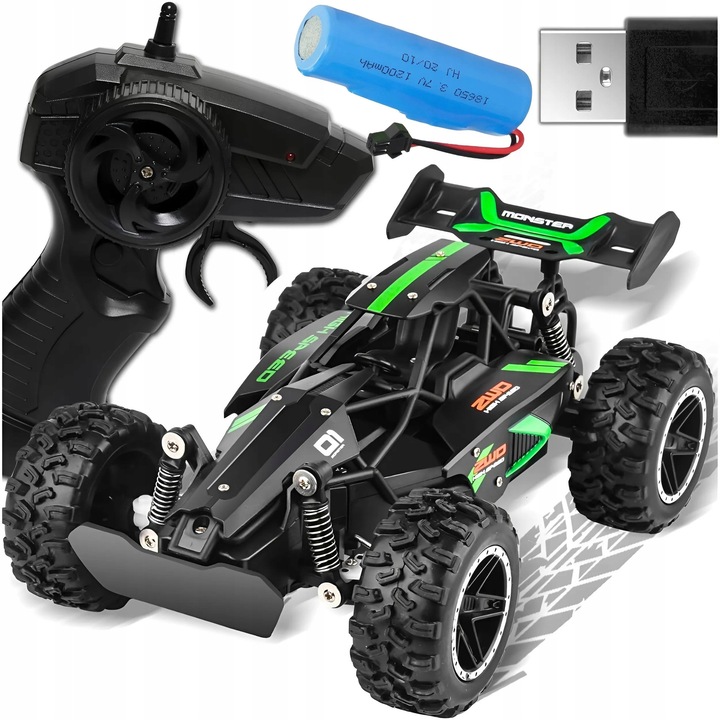 Masinuta RC MONSTER, MEMFLOW, 1:18, fekete zöld díszítéssel, teljes készlet