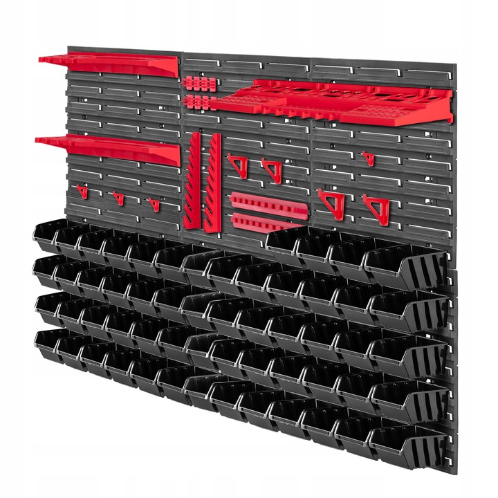 Kadax rendszerező tábla, 6x tábla 39x39cm, 56x tárolórekesz 115x80x60mm, 20x akasztó 200x320mm, 2x polc 200x320mm, 1x polc 580x158x67mm, fekete, szett