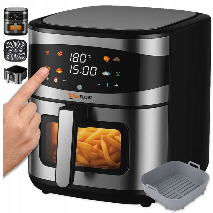 MEMFLOW 8L 1800W olajmentes fritőz, 8 automata program, betekintő ablakkal, komplett készlet