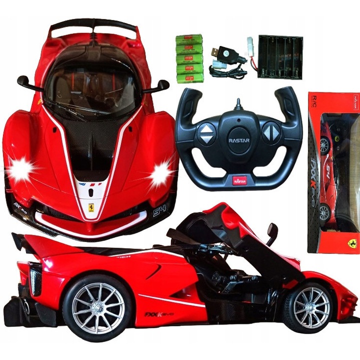 Masinuta Rastar Ferrari FXX K EVO, 1:14, 36x15x9cm, rosu, cu telecomanda 2,4 GHz, set cu pilot
